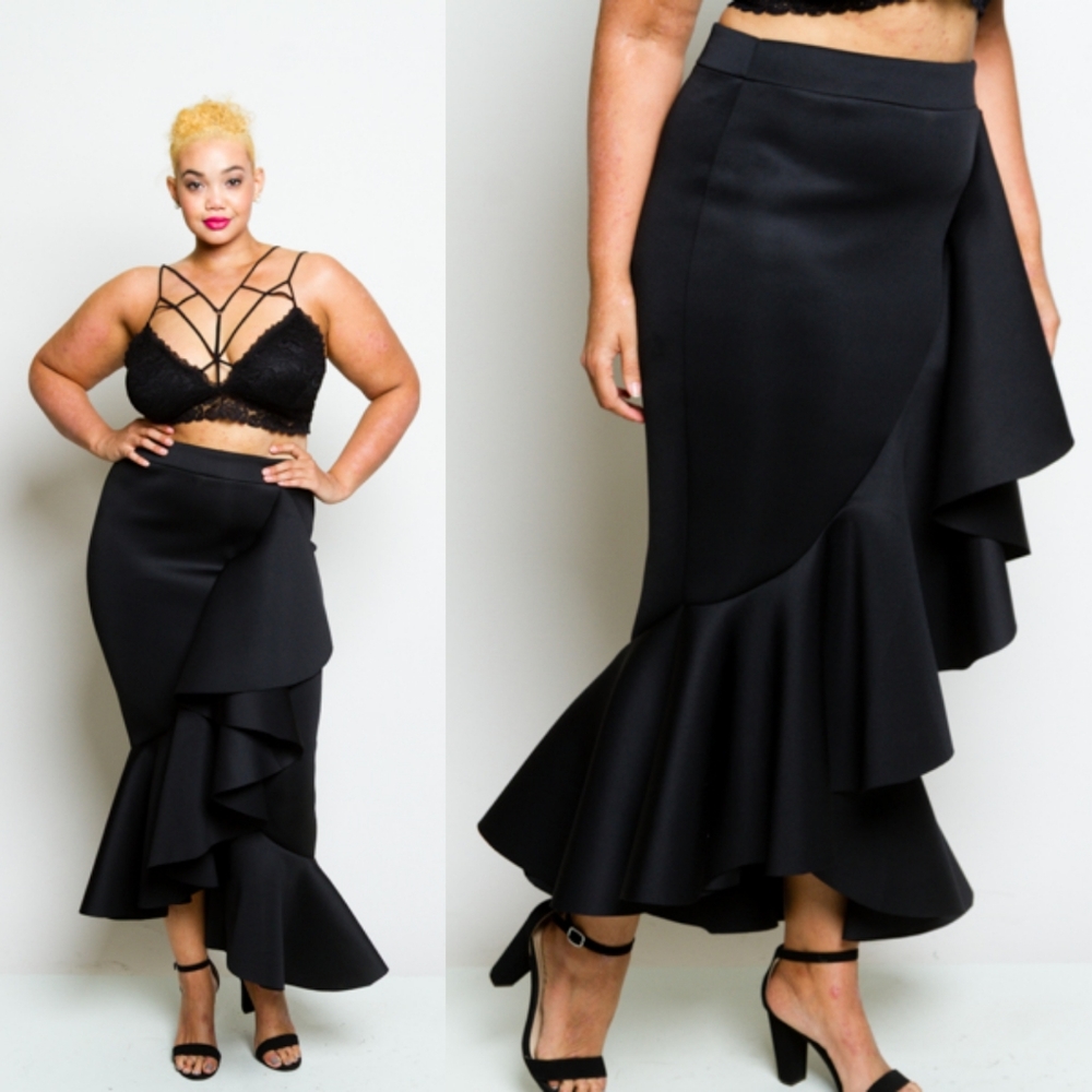 🆕️Black Asymmetrical Ruffled Peplum Long Skirt - Picture 2 of 3